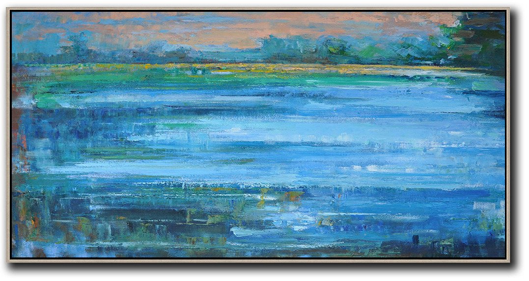 Original Extra Large Wall Art,Panoramic Abstract Landscape Painting,Large Canvas Art,Modern Art Abstract Painting,Blue,Earthy Yellow ,Green.etc